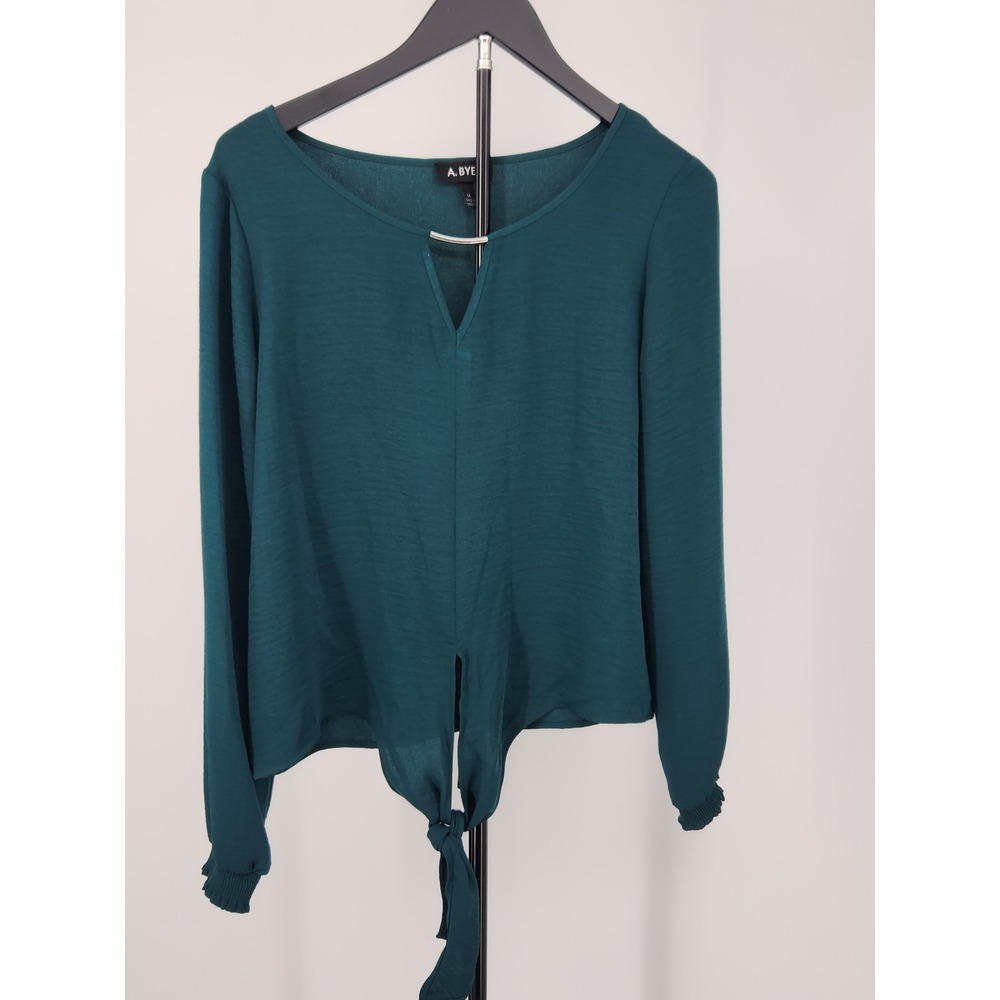 A. Byer Womens Dark Teal Green Tie Front Blouse Metal Bar Split Neck Top Medium
